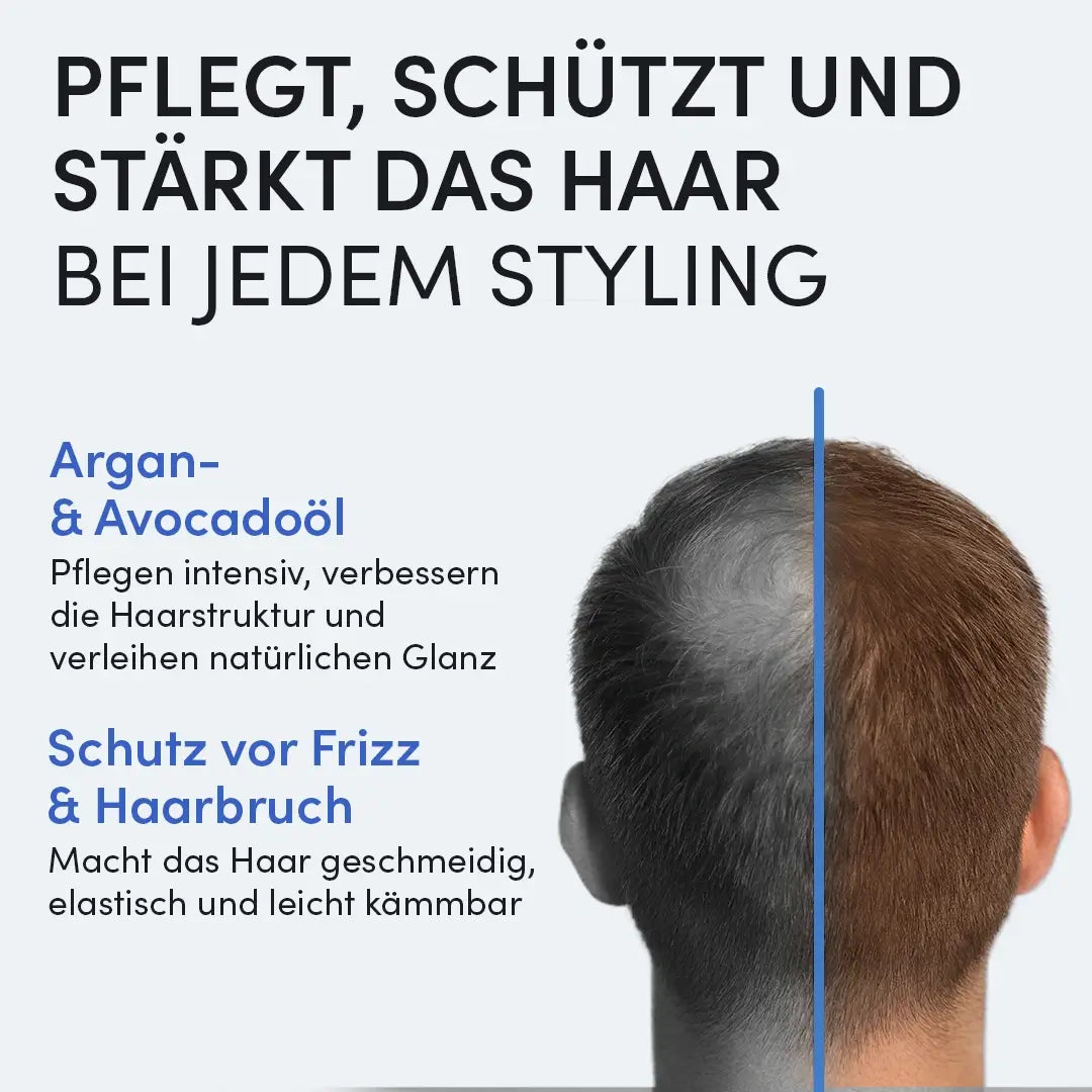 Ein Bild zeigt den Hinterkopf eines Mannes mit schütterem Haar. Links steht Text zu den Vorteilen der Dr. Balwi Styling & Repair Creme vom Dr. Balwi Shop: für geschmeidiges Haar, Schutz vor Frizz, Haarbruch und mehr Glanz sowie bessere Kämmbarkeit.