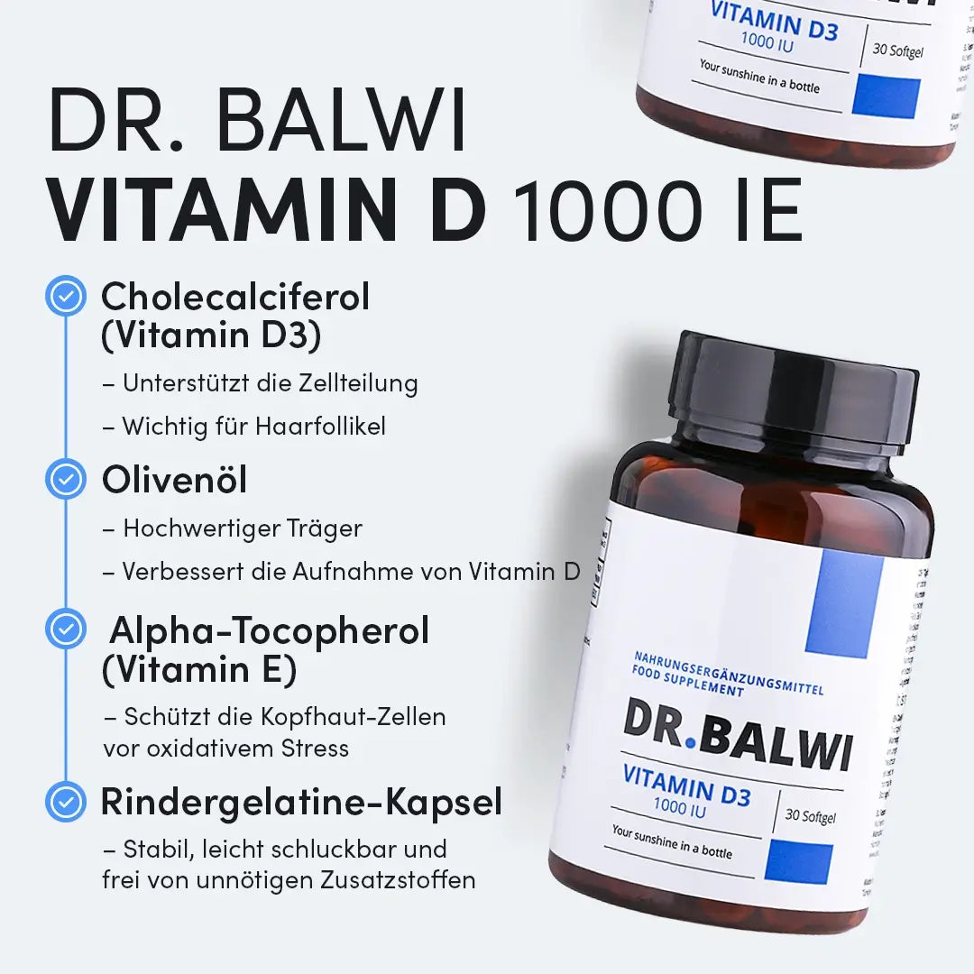 Abgebildet ist eine Flasche Dr. Balwi Shop Vitamin D 1000 IE, ideal gegen Vitamin-D-Mangel oder Haarausfall, mit Cholecalciferol (D3), Olivenöl, Alpha-Tocopherol (E) und einer Kapsel aus Rindergelatine.