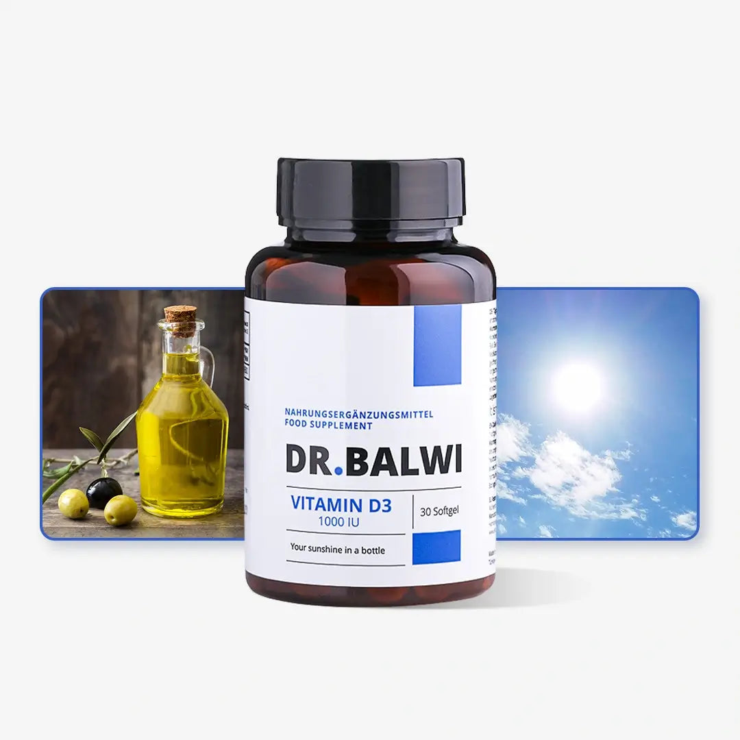 Eine Flasche Dr. Balwi Shop Vitamin D 1000 IE ist vor Olivenöl und einem sonnigen Himmel abgebildet, um die Unterstützung für Menschen mit Vitamin-D-Mangel oder Haarausfall zu betonen. Auf dem Etikett steht: Ihr Sonnenschein in einer Flasche.