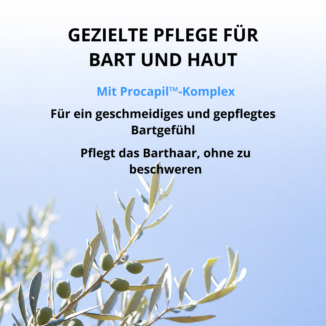 Der Text über einem Olivenzweig lautet: Gezielte Bartpflege für Bart und Haut mit dem Dr. Balwi Beard Serum von Dr. Balwi Shop. Mit Procapil-Komplex – für ein geschmeidiges, gepflegtes Bartgefühl. Pflegt das Barthaar, ohne es zu beschweren, und unterstützt gleichzeitig den natürlichen Bartwuchs mit einem wirksamen Serum. Himmel im Hintergrund.