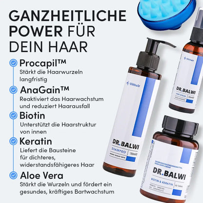 Die Infografik zeigt die Anti-Haarausfall-Routine von Dr. Balwi Shop mit Procapil, AnaGain, Biotin, Keratin, Aloe Vera, einem blauen Kopfhautmassagegerät sowie Shampoo und Seren der Marke. Der Text hebt die ganzheitlichen Vorteile für die Haarkraft hervor.