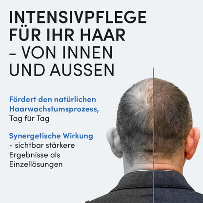 Ein Mann mit schütterem Haar in der Rückenansicht steht neben einem Text, der für die Anti-Haarausfall-Routine von Dr. Balwi Shop wirbt, die intensive Pflege von innen und außen für sichtbare Ergebnisse und verbessertes Haarwachstum unterstützt.