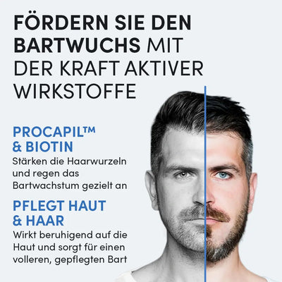 Split-Face-Foto: linke Seite gepflegter Vollbart, rechte Seite glatt rasiert. Deutscher Text wirbt für Dr. Balwi Bartserum aus dem Dr. Balwi Shop mit Procapil & Biotin - für optimales Bartwachstum und gesunde Haut.