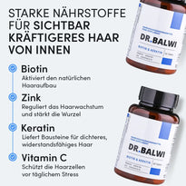 Die Biotin & Keratin Tabletten von Dr. Balwi Shop unterstützen das Haarwachstum, stärken die Haarwurzeln und schützen das Haar vor Stress mit Biotin, Zink, Keratin und Vitamin C für kräftiges Haar von innen.
