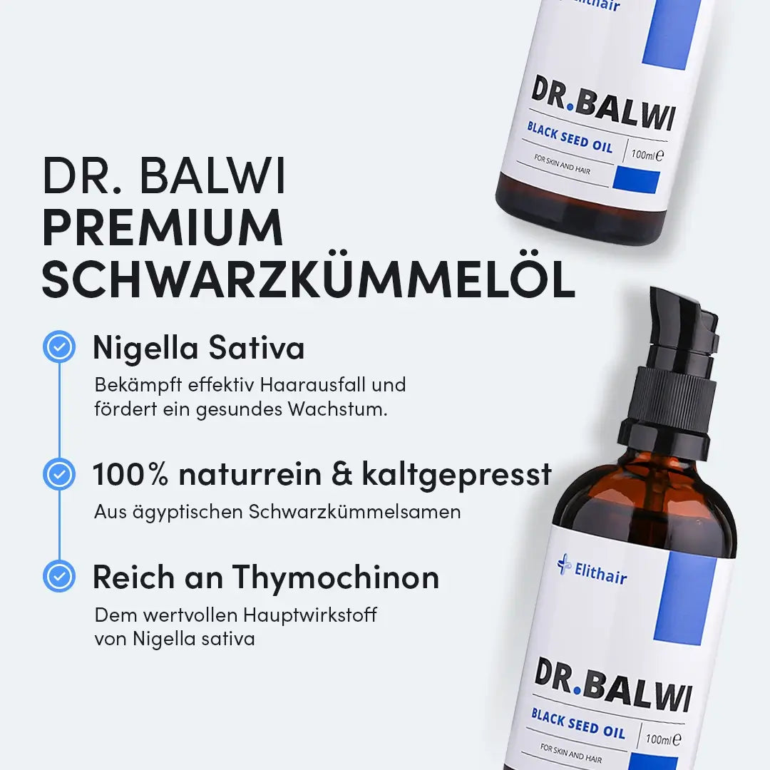 Abgebildet ist eine Flasche Dr. Balwi Shop's Premium Schwarzkümmelöl mit natürlichem, kaltgepresstem Nigella Sativa Öl zur Haarpflege. Es hilft gegen Haarausfall und unterstützt das Wachstum und wird in einer eleganten schwarzen Pumpflasche mit weißem Etikett geliefert.