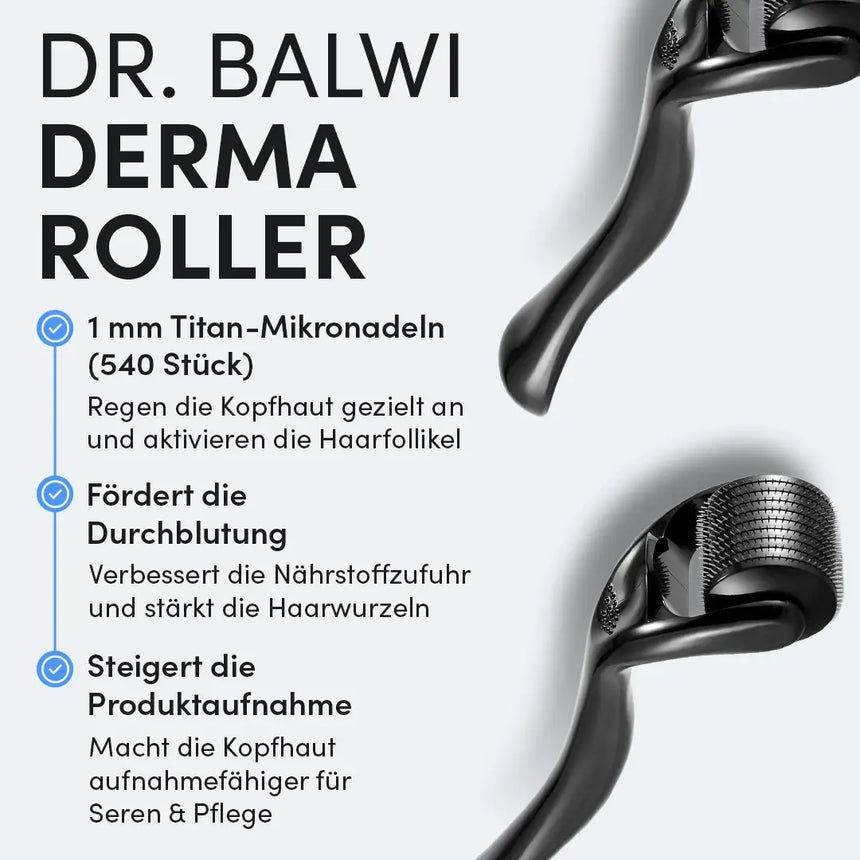 Nahaufnahme des Dr. Balwi Dermarollers (Dr. Balwi Shop) mit 1 mm Titan-Mikronadeln (540); stimuliert Kopfhaut und Haarfollikel, fördert das Haarwachstum, verbessert die Blutzirkulation und die Serumaufnahme.