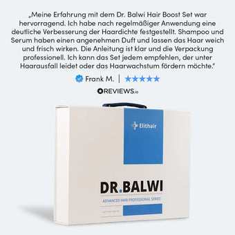 Eine beigefarbene Dr. Balwi Shop-Box mit der Aufschrift "Dr. Balwi Hair Boost Set" steht aufrecht. Eine deutsche Rezension lobt die Haarwuchswirkung und den Duft, ein Elithair-Logo und eine Fünf-Sterne-Bewertung sind zu sehen.