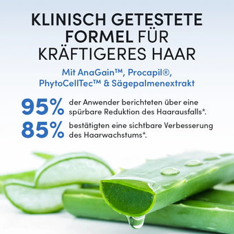Aloe-Vera-Blätter mit Gel auf einer weißen Oberfläche. Oben wirbt ein deutscher Text für das Dr. Balwi Hair Serum aus dem Dr. Balwi Shop - klinisch getestet, um Haarausfall um 95% zu reduzieren und das Haarwachstum um 85% zu verbessern.