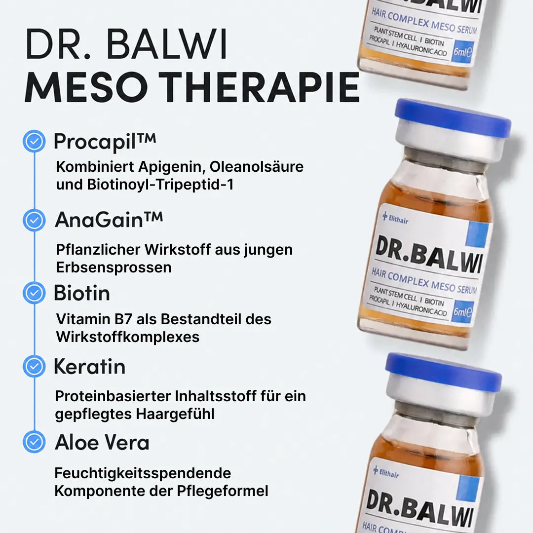 Neben einer Liste der wichtigsten Inhaltsstoffe für die Haarpflege – Procapil, AnaGain, Biotin, Keratin und Aloe Vera –, die jeweils mit einer kurzen Beschreibung ihrer Vorteile versehen sind, sind drei Fläschchen mit der Aufschrift „Dr. Balwi Meso Therapie (Nachfüllpackung)“ aus dem Dr. Balwi Shop abgebildet. Dieses hochwertige Haarserum wurde entwickelt, um das Haarwachstum anzuregen und Haarausfall vorzubeugen – für sichtbar kräftigeres und gesünderes Haar.