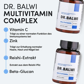 Es sind zwei Flaschen mit der Aufschrift „Dr. Balwi Shop Daily Omega 3“ abgebildet. Der Text listet die Inhaltsstoffe auf: Omega-3, Zink, Reishi-Extrakt, Beta-Glucan und Vitamin C, mit kurzen deutschen Beschreibungen ihrer gesundheitlichen Vorteile und ihrer positiven Wirkung auf das Haarwachstum und gegen Haarausfall.