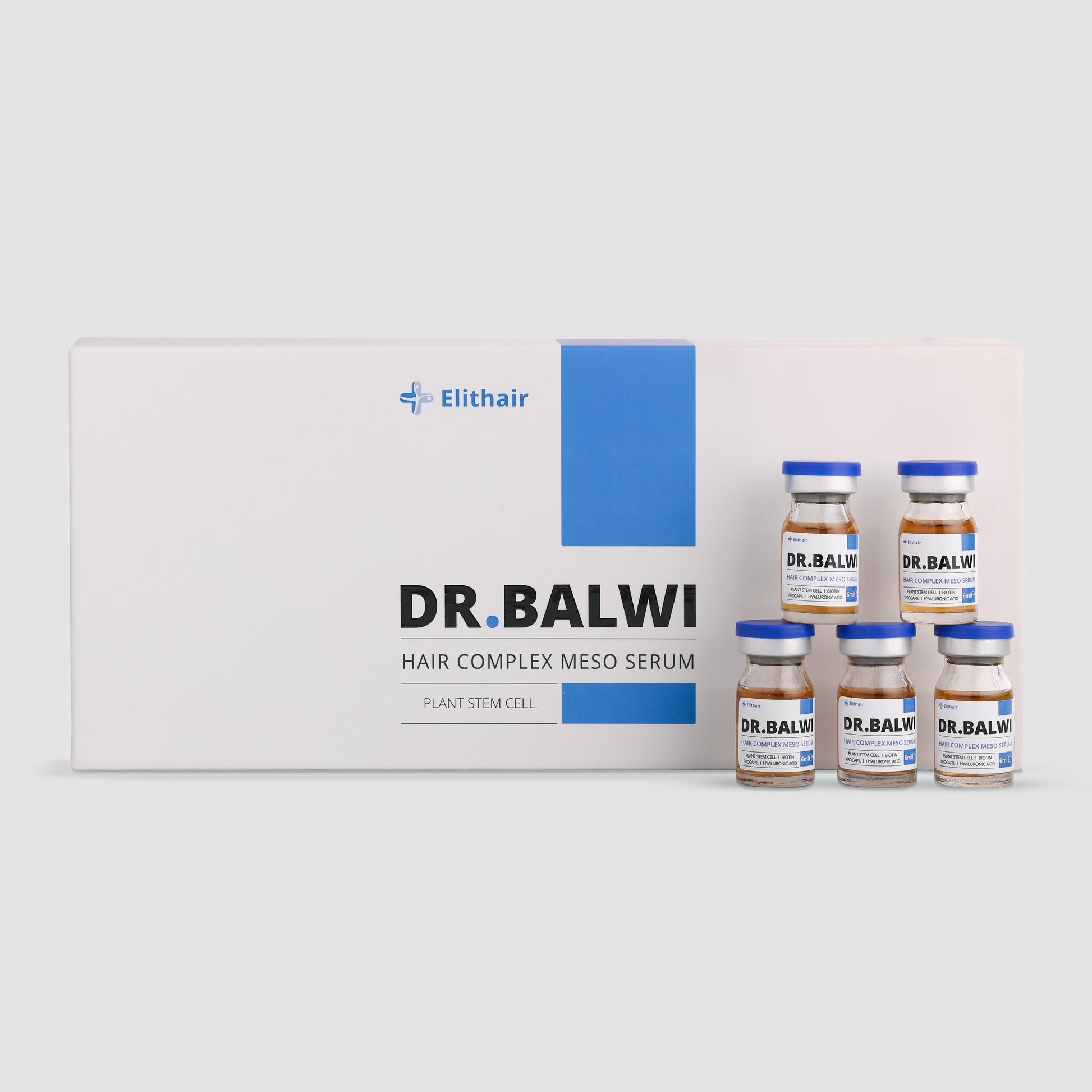 Eine weiß-blaue Dr. Balwi Shop-Box mit der Aufschrift "Dr. Balwi Meso Therapie" enthält fünf Glasfläschchen mit blauen Kappen - perfekt, um das Haarwachstum zu stimulieren und Haarausfall zu verhindern.