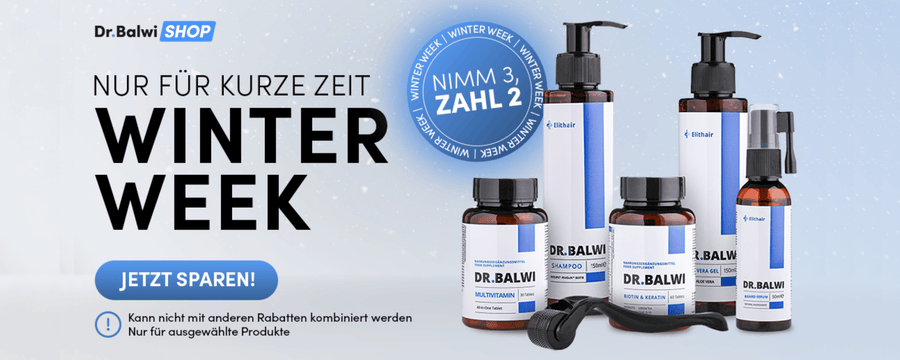 Werbebanner für die Winterwoche des Dr. Balwi Shops. Mehrere Haarpflegeprodukte werden mit einem "Kaufe 3, zahle 2" Angebot dargestellt. Der Text ermutigt die Kunden, jetzt zu sparen. Blauer und weißer Hintergrund mit Wintermotiven.