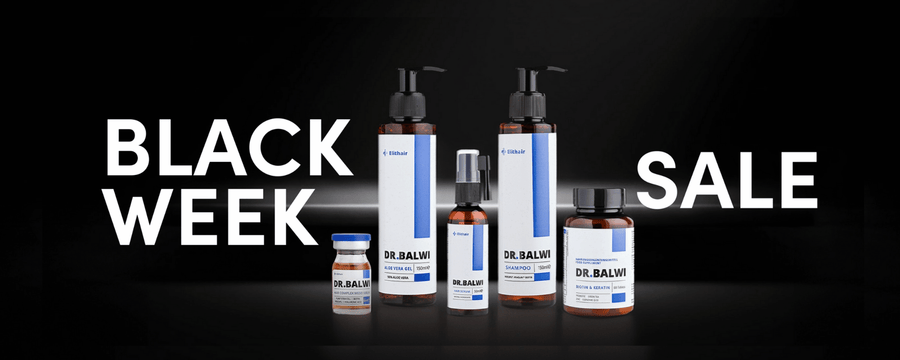 Werbebild für den Black Week Sale mit verschiedenen Dr. Balwi-Haarpflegeprodukten, einschließlich Flaschen, Tiegeln und Fläschchen, auf schwarzem Hintergrund mit fettgedrucktem weißem Text.