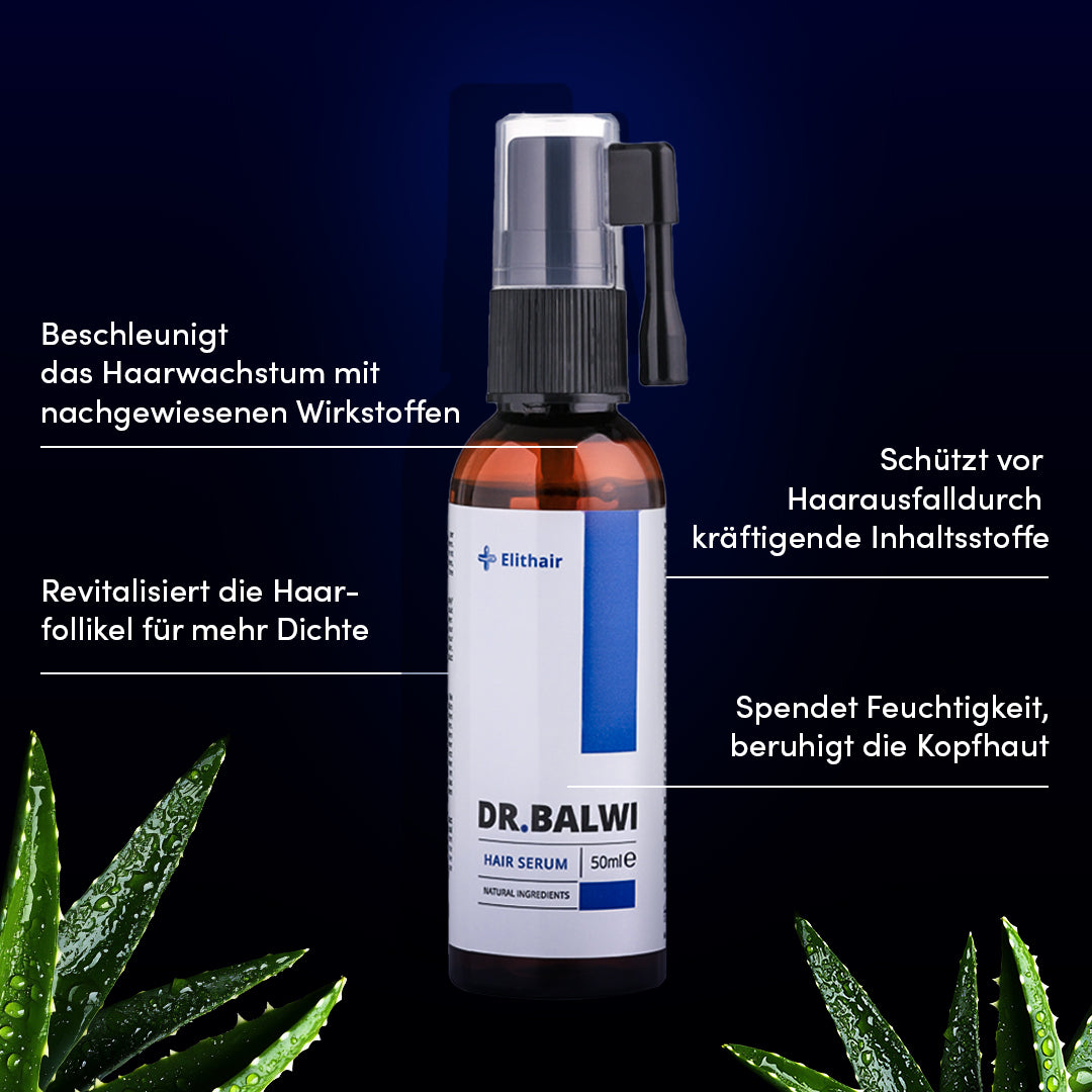 Eine Flasche Anti Haarausfall System von Dr. Balwi Shop steht zentriert auf einem dunklen Hintergrund, umgeben von deutschen Produktvorteilen. Aloe Vera-Blätter in den Ecken betonen die natürlichen Inhaltsstoffe.