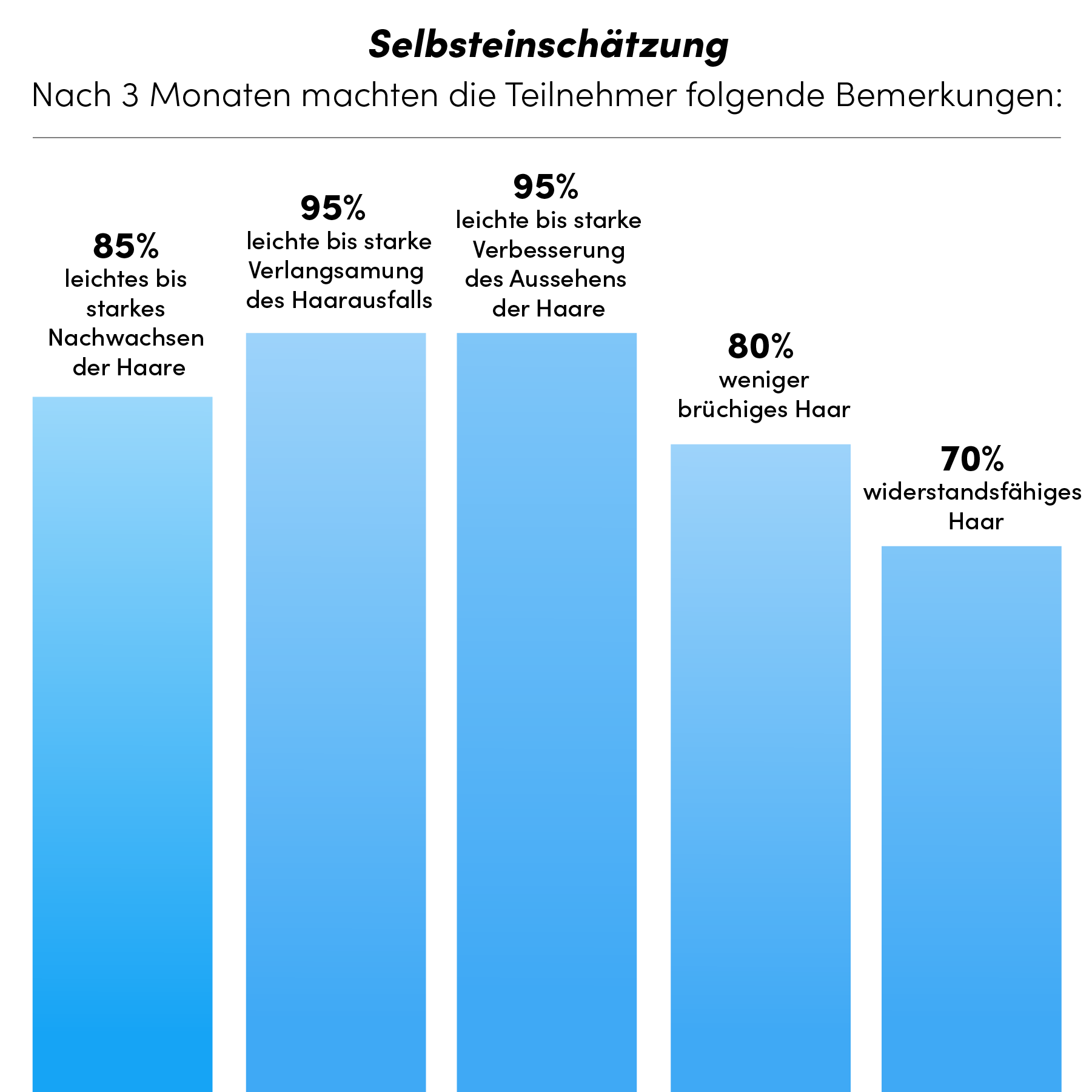 Das Balkendiagramm "Selbsteinschätzung" zeigt die von den Teilnehmern berichteten Verbesserungen der Haare nach 3 Monaten mit der Dr. Balwi Meso Therapie aus dem Dr. Balwi Shop: Haarwachstum stimulieren, Haarausfall vorbeugen, Aussehen, weniger Bruch, Spannkraft (in Prozent).