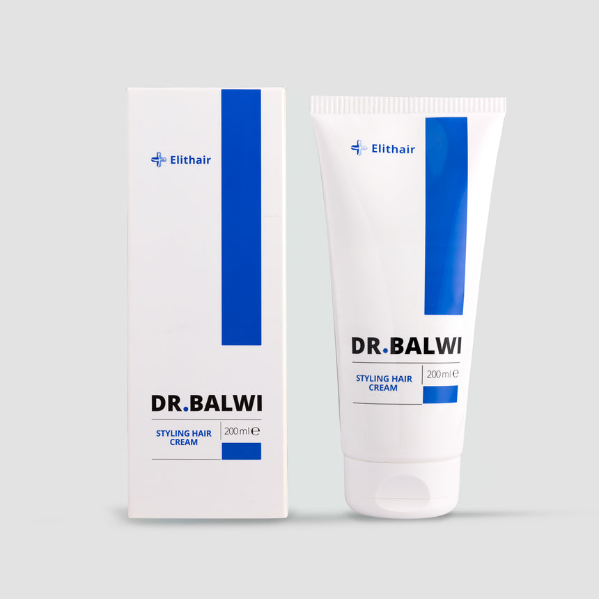 Tube und Schachtel der Dr. Balwi Styling & Repair Creme (200 ml) von Dr. Balwi Shop, angereichert mit Arganöl für optimale Haarpflege, mit weißem Design mit blauen Akzenten und schwarzem Text auf hellgrauem Hintergrund.