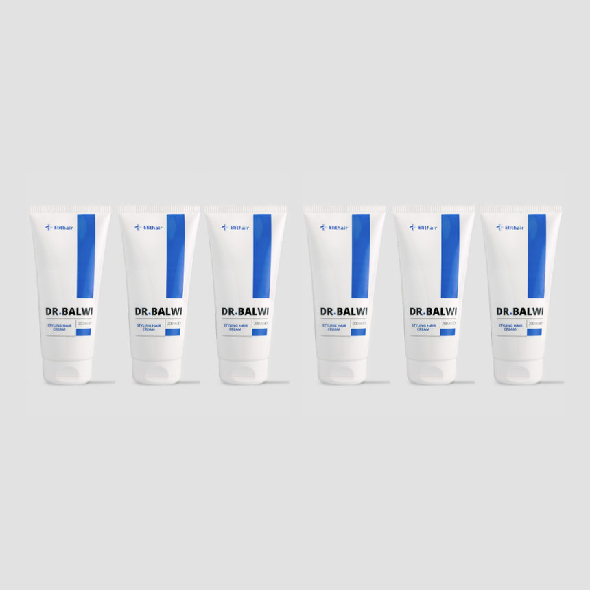 Sechs weiße Tuben der Styling & Repair Creme von Dr. Balwi Shop mit blauen Akzenten, die Arganöl für geschmeidiges Haar enthält, sind auf einem hellgrauen Hintergrund aufgereiht.