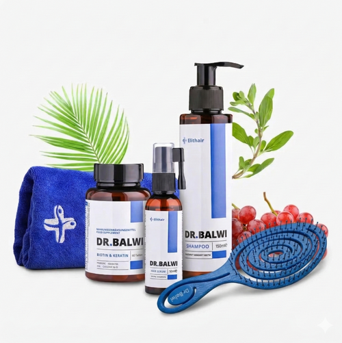 Die Dr. Balwi Shop Anti-Haarausfall-Routine mit Shampoo, Kapseln und Spray wird mit einem blauen Handtuch, einer blauen Bürste, grünen Blättern und roten Trauben auf einem weißen Hintergrund dargestellt.