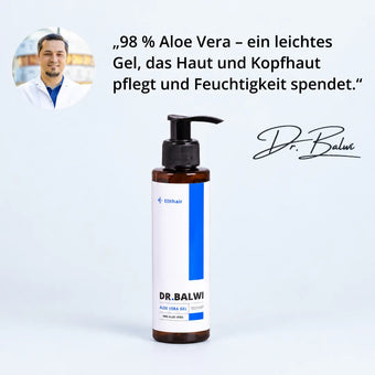 Eine Pumpflasche mit Dr. Balwi 98 % Aloe-Vera-Gel neben dem Porträt eines Arztes und einem deutschen Text, in dem die feuchtigkeitsspendenden Wirkungen für die Haut- und Kopfhautpflege beschrieben werden.