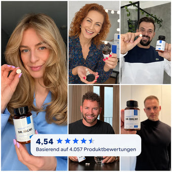 Collage aus fünf Personen, die eine Packung Biotin & Keratin Tabletten und eine einzelne Tablette in der Hand halten, mit einer Einblendung, die eine Bewertung von 4,54 Sternen auf der Grundlage von 4.057 Bewertungen zeigt.