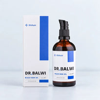 Eine 100-ml-Pumpflasche aus Braunglas mit Dr. Balwi Shop Premium-Schwarzkümmelöl neben der dazu passenden weiß-blauen Haarpflege-Verpackung.