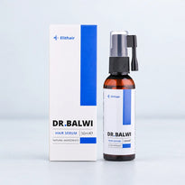 Eine 50-ml-Flasche Dr. Balwi Haarserum neben ihrer weiß-blauen Verpackung, das für das Haarwachstum entwickelt wurde.
