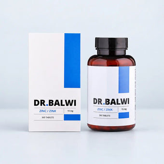 Eine Flasche Dr. Balwi Shop Zink Tabletten neben ihrer weißen Verpackung.