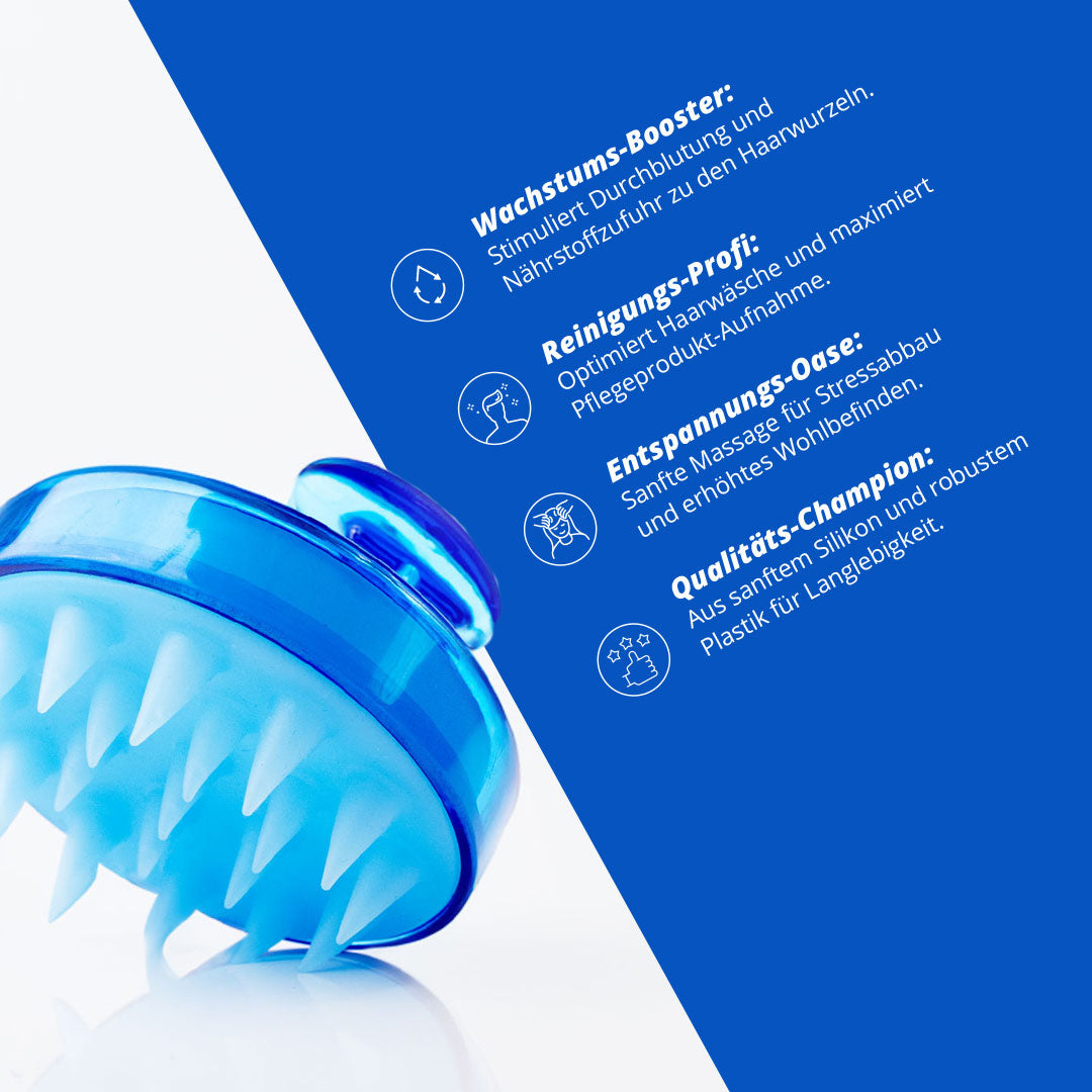 Die Dr. Balwi Massagebürste von Dr. Balwi Shop, aus blauem Silikon mit weichen Borsten, ist auf weißem und blauem Hintergrund abgebildet. Deutscher Text und vier Icons heben die Vorteile hervor: Kopfmassage, Haarwachstum, Reinigung, Entspannung und Qualität.