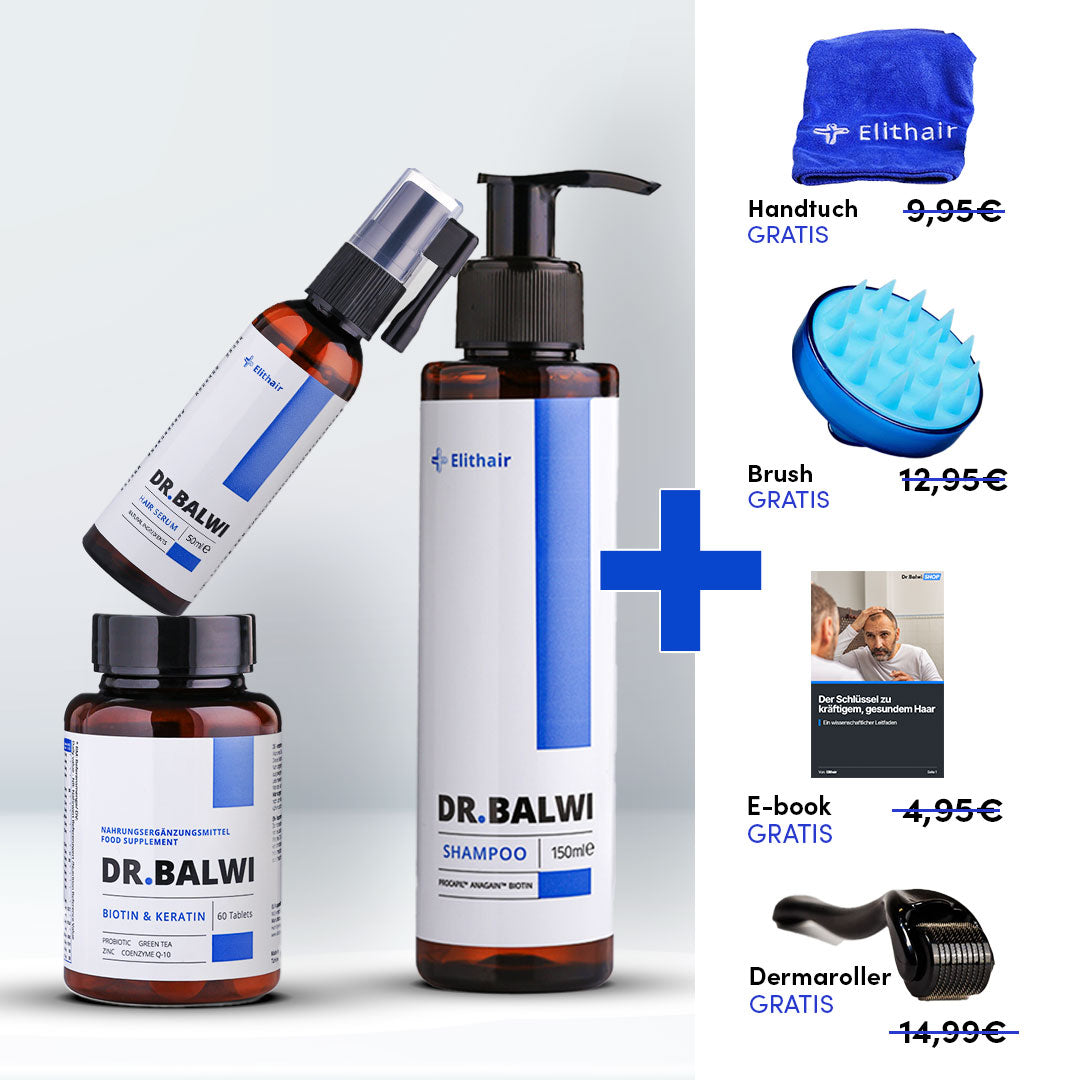 Abgebildet ist das Anti-Haarausfall-System des Dr. Balwi Shops mit Shampoo, Spray und Nahrungsergänzungskapseln. Rechts sind Gratisgeschenke – ein Handtuch, eine Bürste, ein E-Book und ein Dermaroller – abgebildet, deren Originalpreise durchgestrichen sind.