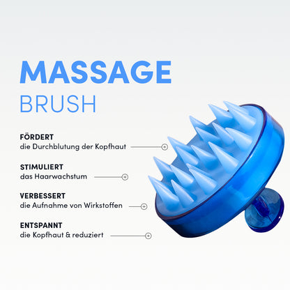 Abgebildet ist das Anti-Haarausfall-System von Dr. Balwi Shop – eine blaue Massagebürste mit Silikonborsten. Der deutsche Text hebt die Vorteile hervor: verbesserte Durchblutung, angeregtes Haarwachstum, bessere Nährstoffaufnahme und Entspannung der Kopfhaut.