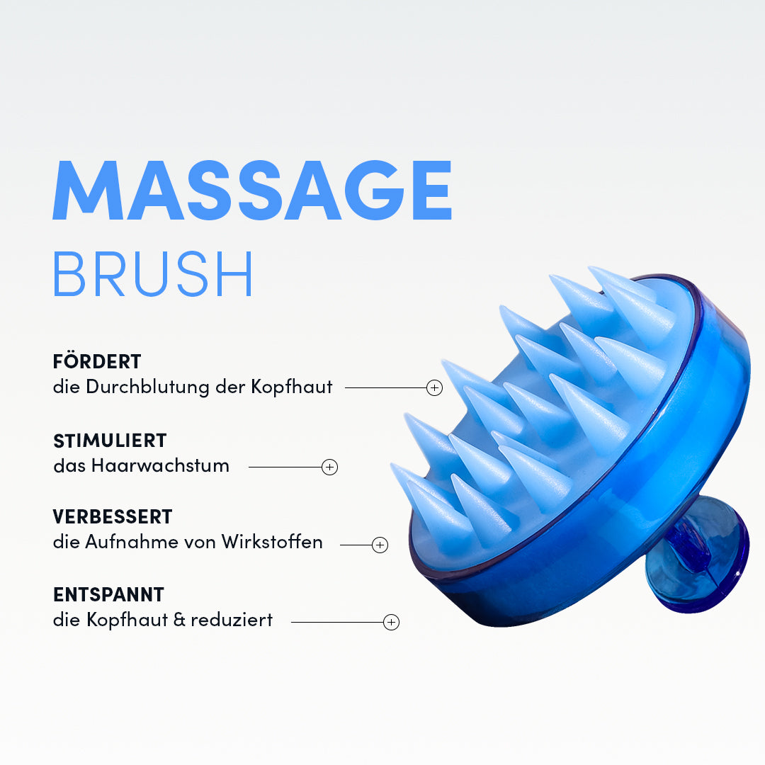 Die Dr. Balwi Shop Anti-Haarausfall-Routine enthält eine blaue Kopfhaut-Massagebürste mit weichen Silikonborsten, die neben einem deutschen Text abgebildet ist, der die Vorteile auflistet: verbesserte Kopfhautdurchblutung, stimuliertes Haarwachstum, bessere Produktaufnahme und Entspannung.