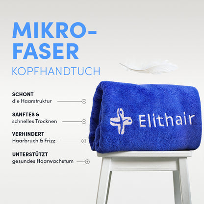 Ein blaues Mikrofaser-Kopfhandtuch aus dem Dr. Balwi Shop, bestickt mit "Elithair", wird auf einem weißen Hocker gerollt. Darüber schwebt eine weiße Feder, während ein deutscher Text für die sanfte, schützende und unterstützende Pflege der Haare wirbt.
