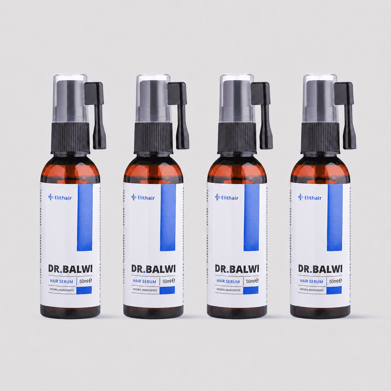Vier braune Dr. Balwi Hair Serum Flaschen aus dem Dr. Balwi Shop, jeweils 50ml mit weißem und blauem Etikett, schwarzer Sprühpumpe und dem Ethihair-Logo, sind aufgereiht, um das Haarwachstum zu fördern und den Haarausfall zu reduzieren.