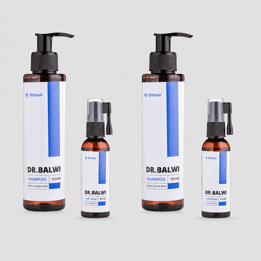 Das Dr. Balwi Shop Shampoo & Spray Set, bestehend aus zwei Pumpflaschen und zwei Sprühflaschen, ist auf einem hellgrauen Hintergrund abgebildet.
